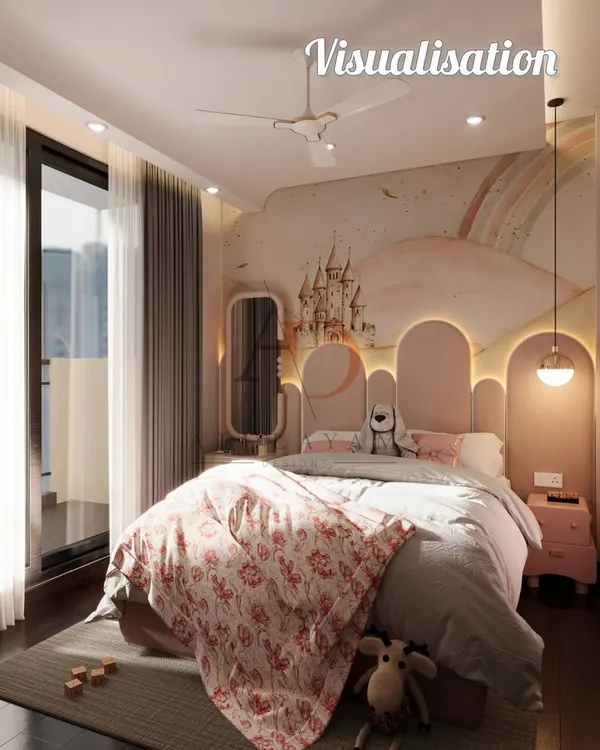 Visualization vs. Reality: A dreamy kids' room. The 3D design on the left is brought to life with perfect execution on the right, from the hand-painted mural to the custom backlit headboard.