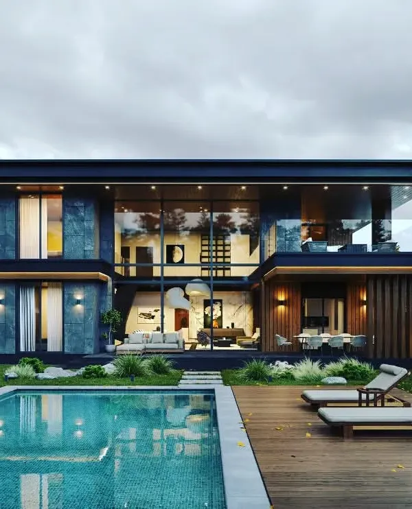 This 3D architectural render showcases a modern luxury villa designed with seamless indoor-outdoor living in mind. The design features large glass walls for natural light, a private pool, and a focus on clean lines and natural materials, representing our vision for high end residential architecture.