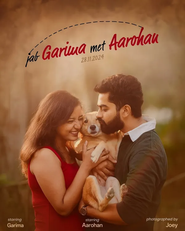 A cinematic poster from my own pre-wedding shoot with my husband, Aarohan. I love creating a unique story for each couple, and this "Jab Garima met Aarohan" concept was our fun way of announcing our journey together.