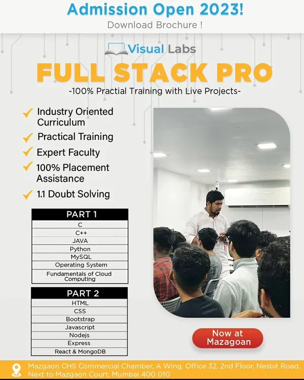 Our Full Stack Pro program offers 100% practical training with live projects. The curriculum is industry oriented and includes everything from C++, Java, and Python to React and MongoDB, with full placement assistance.