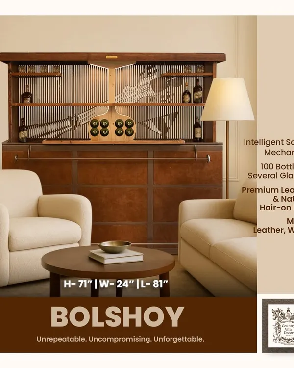 A detailed look at the Bolshoy automated bar. This unit is engineered to hold up to 100 bottles and glasses, featuring premium leather, natural hair-on-hide, and an intelligent safety mechanism for secure operation.