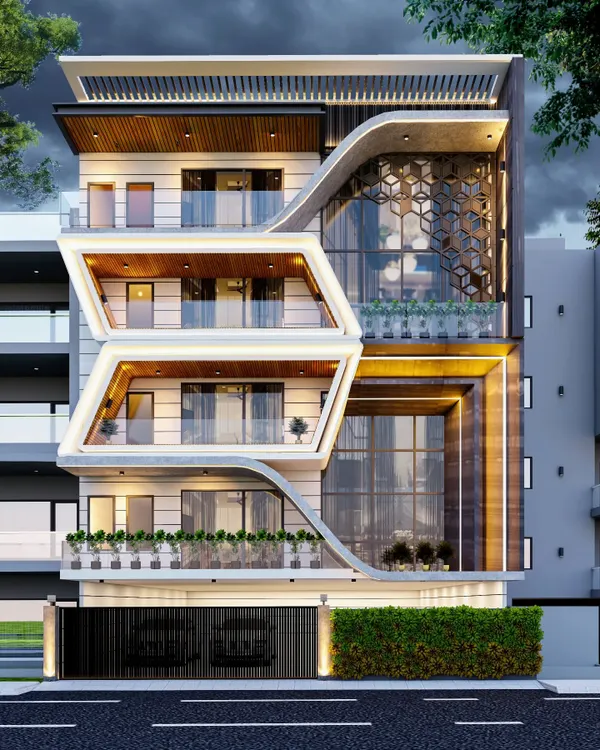 This modern facade for an urban residence features dynamic, angular forms and curved white elements that create a sense of movement. Large glass sections are framed by these geometric shapes, with a decorative honeycomb screen adding texture.