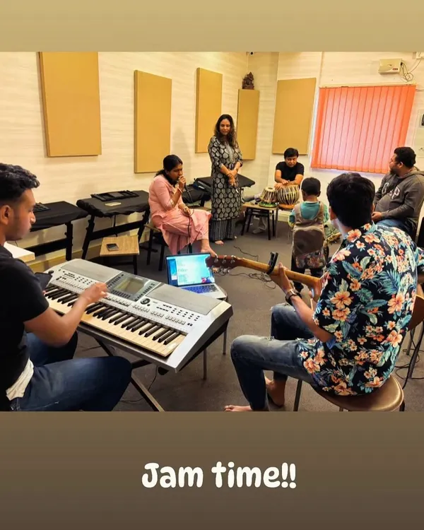 Jam time in our studio. This is where the magic begins, with our musicians on keyboard, guitar, and tabla coming together to work on new arrangements. This collaborative process ensures every performance is tight and professional.