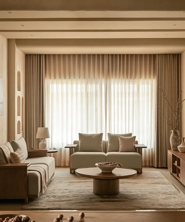 This wide view of the living room captures the essence of the home's design. I used arched openings and layered lighting to create a sense of procession and discovery, transforming a simple passage into an experience.