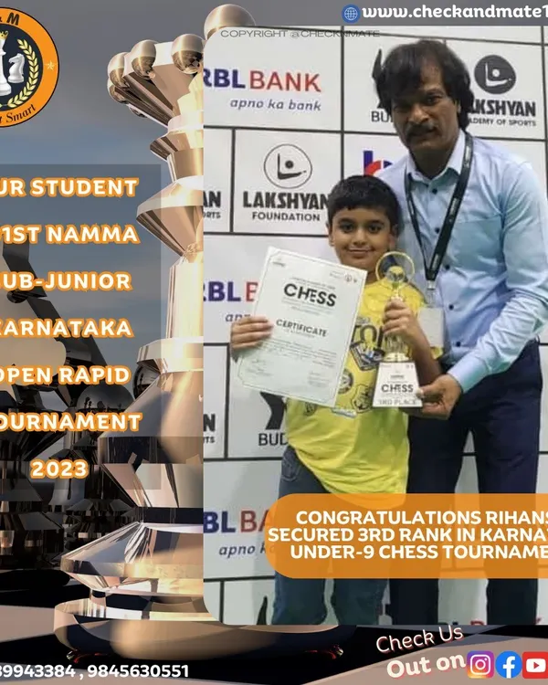 A proud moment for our student Rihansh, who secured 3rd rank in the Karnataka Under-9 category at the Namma Sub-junior Open Rapid Tournament.