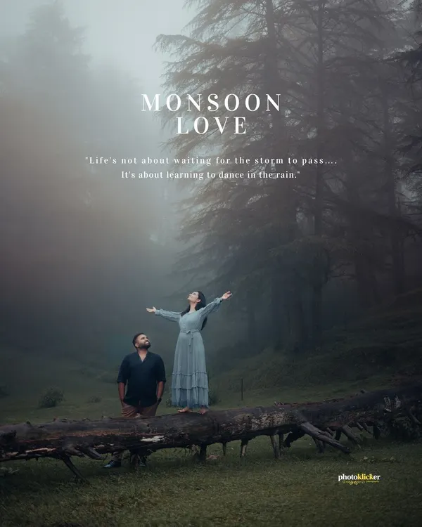 A couple stands on a fallen log, embracing the misty, atmospheric beauty of a monsoon morning in the forest. This shot captures the quiet, romantic essence of our mountain pre-wedding photography.
