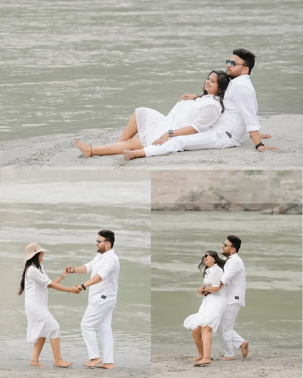 A collage of a couple in matching white outfits enjoying a relaxed day by the river. This shows a variety of candid poses, from dancing to sitting together, perfect for a casual maternity shoot.