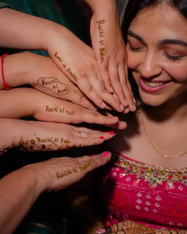 'Ruchi ki Behen', 'Ruchi ki Kaki'... I love creating these fun, personalized mehendi tags for the entire bride squad. It makes everyone feel so included in the celebration. ♥️