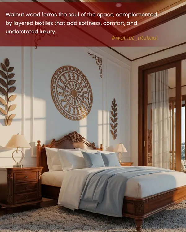 This bedroom design embodies the soul of my work, where rich walnut wood and handcrafted details create a space of timeless warmth. Inspired by my Kashmiri heritage, every element, from the carved bed frame to the intricate wall art, is chosen to craft an atmosphere of understated luxury and comfort.