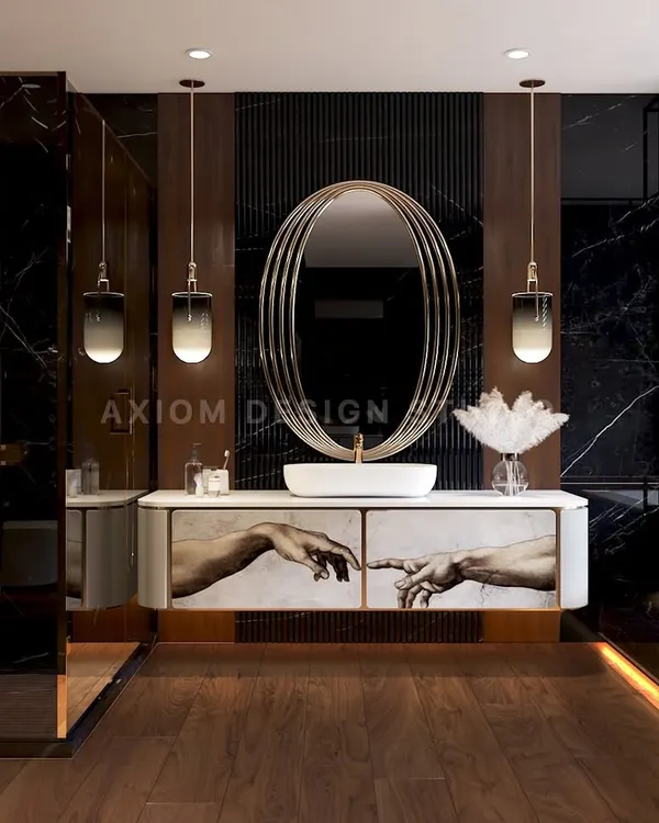Elegance meets edge in this dark luxury washroom. We used rich textures, including dark marble and fluted wood, with warm ambient lighting to create a refined sanctuary with an alluring, moody atmosphere.