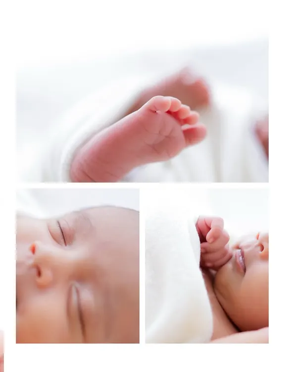 A collage showcasing the tiny details I love to capture: the curve of an ear, the texture of their hair, and the way they hold their little hands.