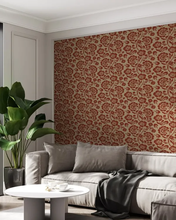 Our Autumn Blossom wallpaper brings a warm and cozy feel to this living room. The rich red and beige tones create a perfect ambiance for relaxing and unwinding.