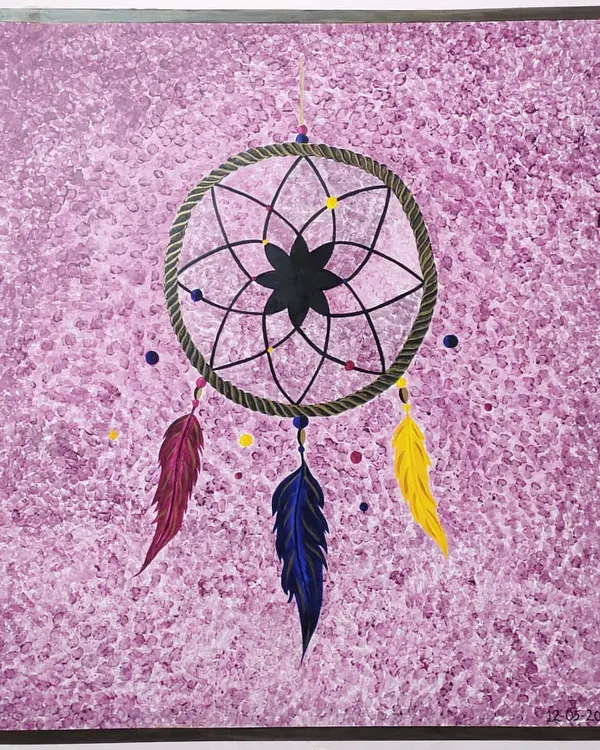 This piece is more than a wall mural; it's a piece of my heart. I painted this 4.5-foot dreamcatcher for my Badi Mumma, my grandmother, the dreamcatcher of our home. Creating large-scale murals like this allows me to transform a wall into a deeply personal story.