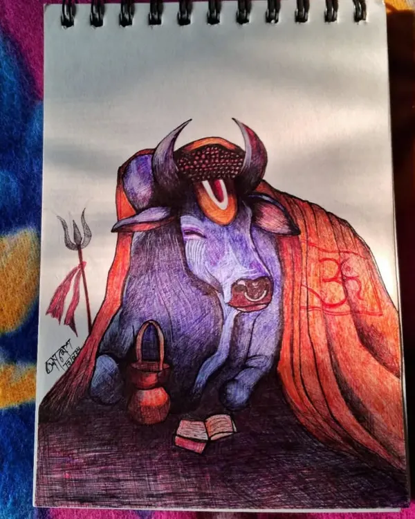 This is my detailed pen sketch of Nandi Maharaj, the sacred bull and devotee of Lord Shiva. I spent a lot of time on the colors and fine lines to capture a sense of peace and devotion. This kind of spiritual art is a very important part of my practice.