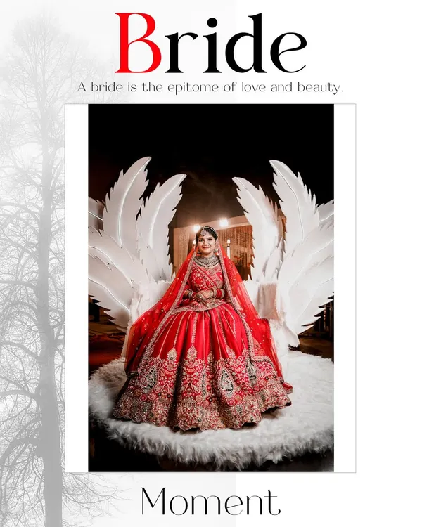A dramatic and regal bridal portrait. The bride is seated on a throne-like chair with large white wings, creating a stunning, high-fashion look that makes a bold statement.