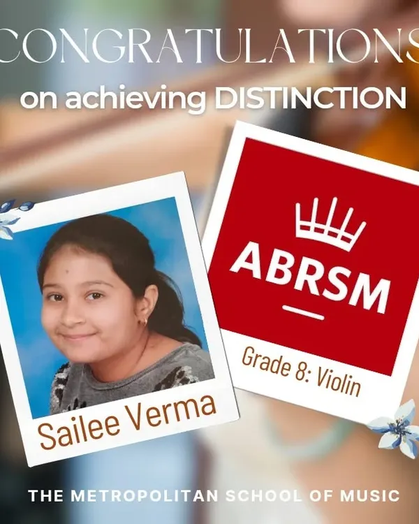 Congratulations to our student Sailee Verma for achieving a Distinction in her ABRSM Grade 8 Violin assessment. This incredible achievement is a result of her talent and dedicated online mentoring from her instructor.