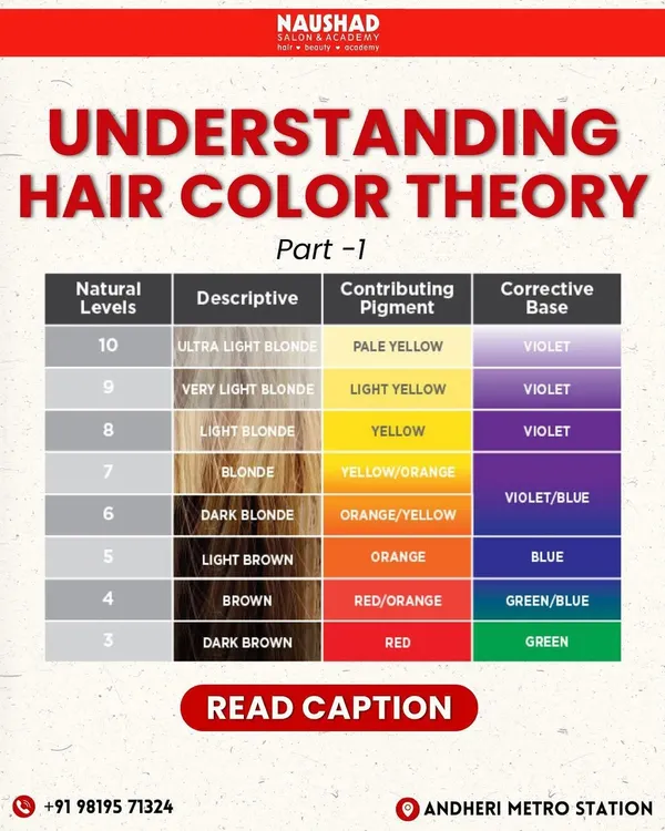 Understanding hair color theory is fundamental. This chart shows the natural hair levels, their underlying pigments, and the corrective bases needed to neutralize unwanted tones, which is essential knowledge for any colorist.
