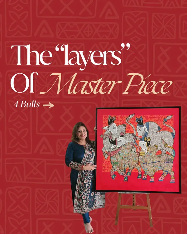 Here I am with the "Four Bulls" painting, a piece that tells the entire story of the Shiv Mahapuran. Created over three months with continuous line work, it depicts the leelas of Shiva, the jyotirlings, and his vivaha in miniature form, making it a profound statement piece for a client's living room.