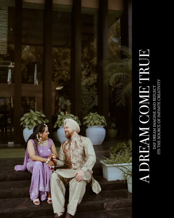 A dreamy, artistic portrait of Paramneet and Samuel, with the title 'A Dream Come True,' capturing a moment of quiet conversation on a staircase.
