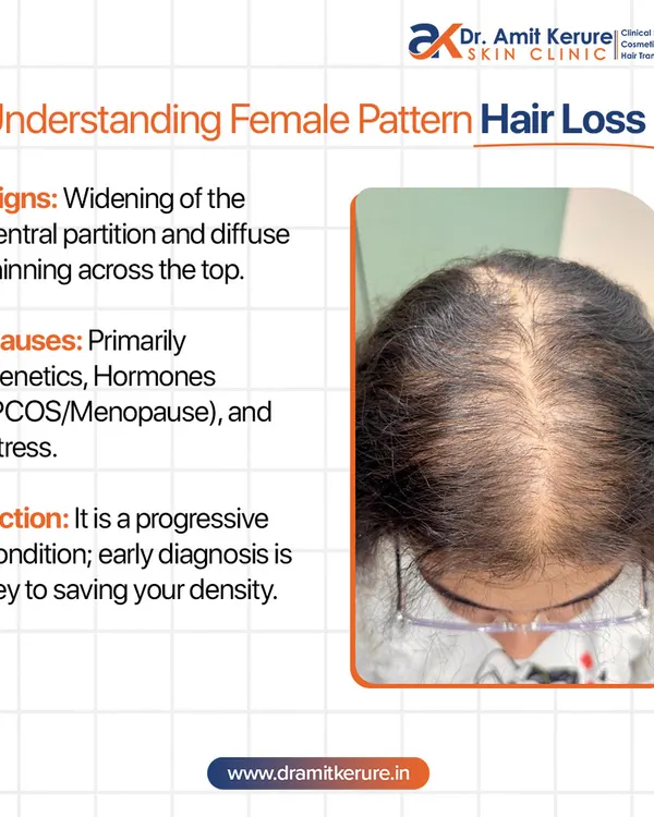 This infographic helps you understand the signs of Female Pattern Hair Loss. Key indicators include a widening central partition and diffuse thinning. It's a progressive condition, so early diagnosis is crucial to saving your hair density.