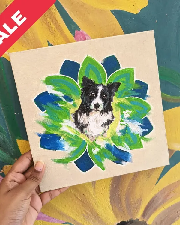 This original painting of a Border Collie is set against an abstract floral background. It's a 10x10 inch acrylic on canvas, ready to find a home.