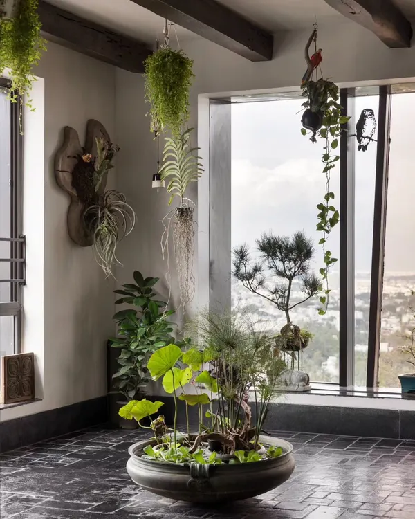 We created a garden in the sky, a sun room on the 20th floor designed for quiet moments and reflection. This space features a large stone urlī with lotus, hanging epiphyte arrangements, and a custom bonsai, all overlooking the city.
