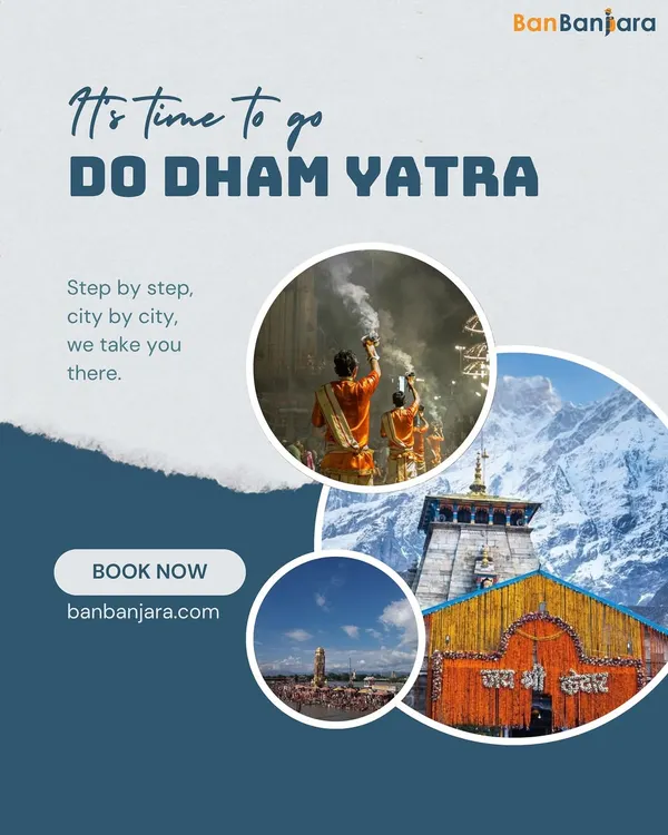 It's time to go Do Dham Yatra. This collage captures the essence of the journey: the sacred aarti, the majestic Kedarnath temple, and the breathtaking mountain landscapes you'll witness.