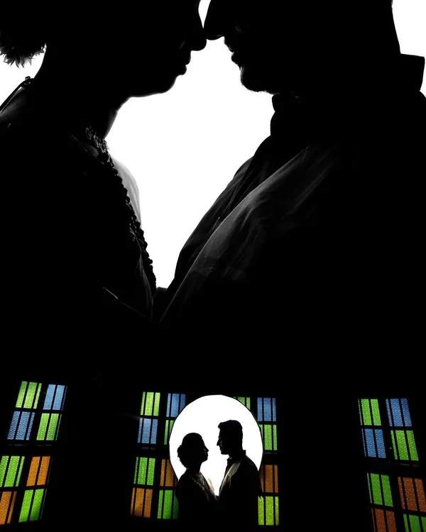 A collage of powerful silhouette portraits. Using a bright white background, I can create high-contrast, artistic images that focus on the form and connection of the couple.