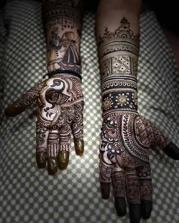 This is where art meets tradition. I combined a detailed portrait of the couple on one arm with classic, intricate patterns on the other, creating a full bridal mehndi look that is both personal and grand.