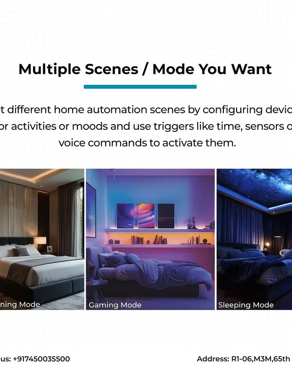 Your home, your rules. We configure custom lighting scenes like "Good Morning," "Gaming Mode," or "Sleeping Mode" that adjust multiple lights and devices together, transforming your room's environment with a single command.