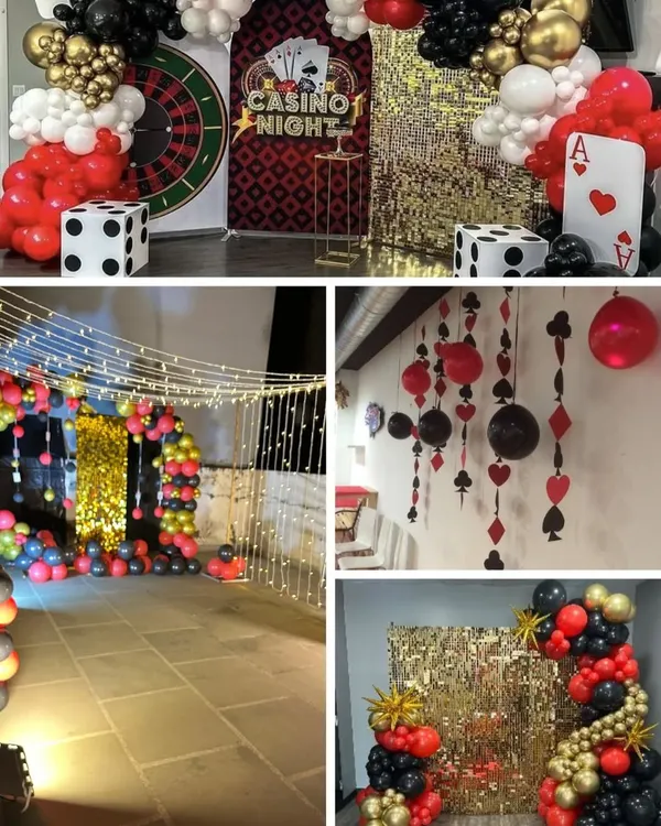 We bring the excitement of Vegas to you with our popular casino and card party themes, perfect for Diwali celebrations or milestone birthdays. This collage showcases our ability to transform a space with elements like balloon arches, a roulette wheel backdrop, and giant dice props.