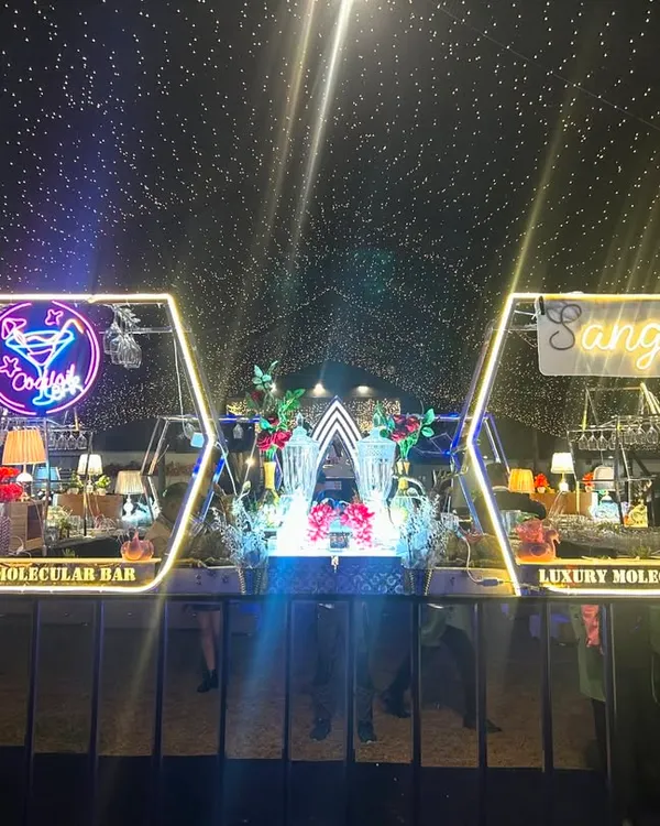 A panoramic view of our dual-station bar setup, designed to be a stunning centerpiece. Featuring custom hexagonal frames, neon signs for 'Cocktails' and 'Sangria', and a ceiling of fairy lights, this bar commands attention from every angle.