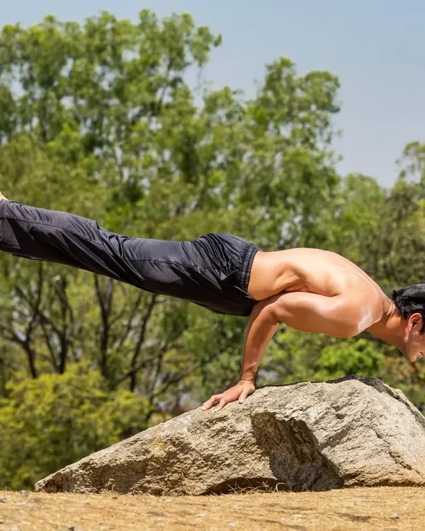 The Mayurasana (Peacock Pose) is a powerful arm balance that strengthens the entire digestive system. Here it is performed outdoors on a rock.