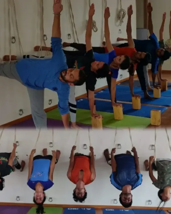 Welcome to my shala. Here, we use tools like the yoga wall and blocks to explore poses safely and effectively. This image captures the essence of a group class, where students at different levels can practice together, finding both strength in poses like Ardha Chandrasana and release in supported inversions.