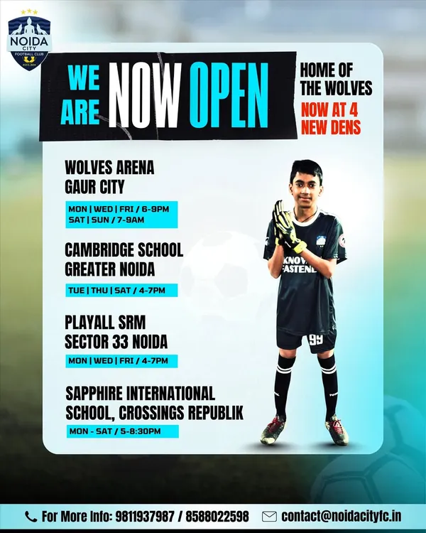 We are expanding across Noida and Greater Noida to bring top-tier football coaching closer to you. This graphic shows our four newest training centers with their respective schedules, making it easier for you to join the wolfpack.