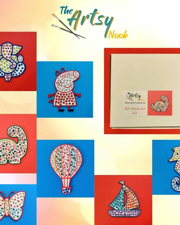 I offer so many fun mosaic art designs! From Peppa Pig and dinosaurs to beautiful butterflies and Ganesha, there is a creative project for every child to enjoy.