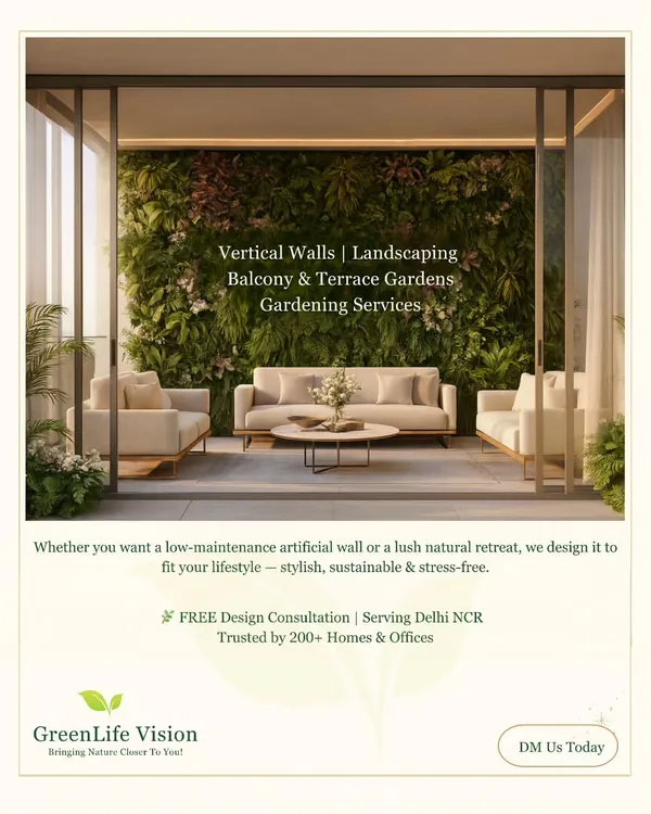 A summary of what we offer at GreenLife Vision. From vertical walls and landscaping to complete gardening services, we design stylish and sustainable green spaces for homes and offices across Delhi NCR.