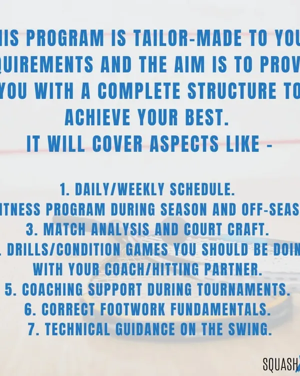 Our online program is a complete, tailor-made structure for success. We cover every aspect of your game, from daily schedules and fitness routines to match analysis, drills, and technical guidance on swing and footwork.