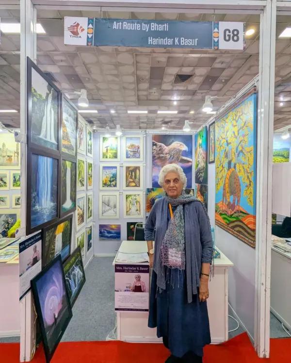 We are incredibly proud to see our students thrive. Here is Harindar ma'am, from our hobby class, standing proudly at her own stall in The Haat of Art exhibition, showcasing the amazing body of work she created with us.