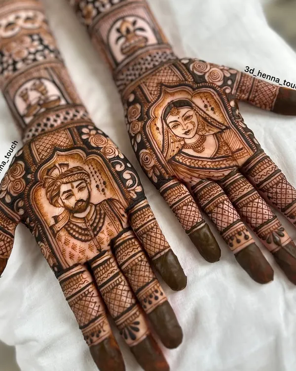 A finished bridal mehndi set with detailed portraits of the bride and groom. Learning this skill will allow you to offer highly personalized and premium services to your clients.