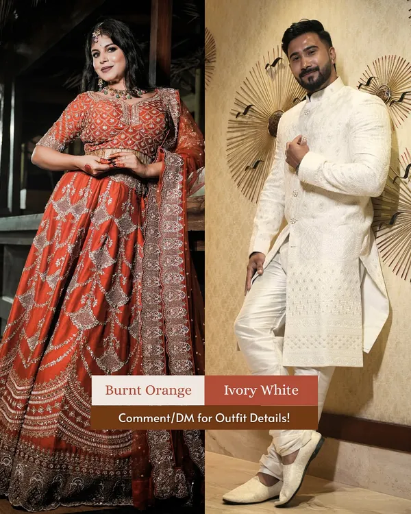 A perfect match in burnt orange and ivory white. This couple look showcases how complementary colors can create a timeless and coordinated statement for any festive occasion.