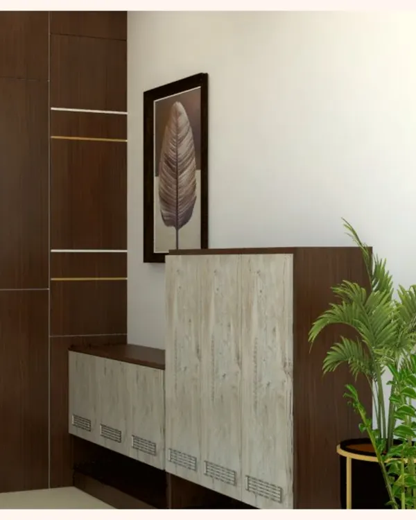 This is the 3D render I created for the entryway. It helped the client visualize the final look, showing the combination of dark wood paneling and the lighter wood-finish shoe cabinet before we started building.
