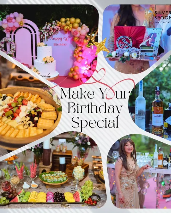 A collage celebrating a 50th birthday party I catered. It shows the beautiful decor, a lavish grazing board, a full bar setup, and the happy birthday girl.