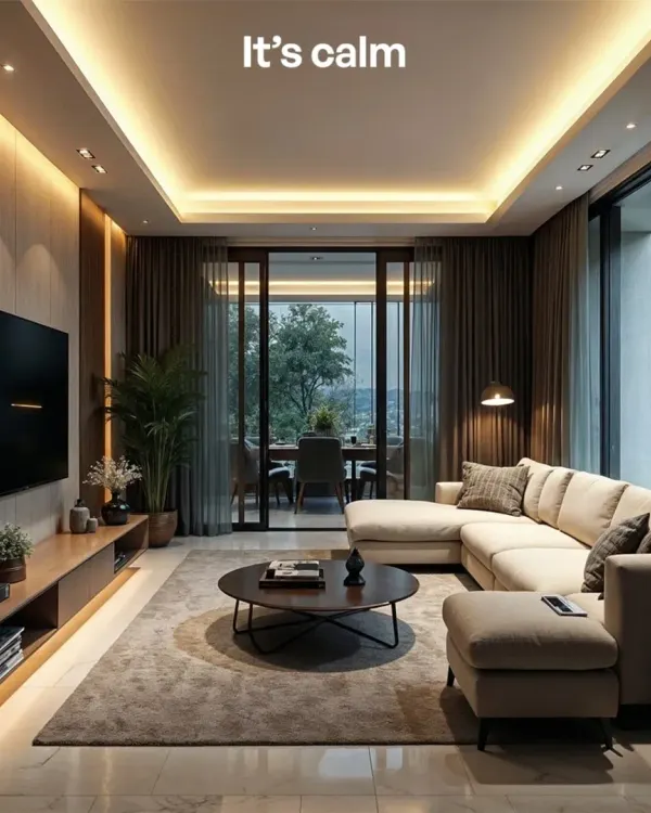 This is the feeling of home we create. A calm, luxurious living room where every detail, from the warm, layered lighting in the false ceiling to the plush sectional sofa, is designed for comfort and quiet elegance.