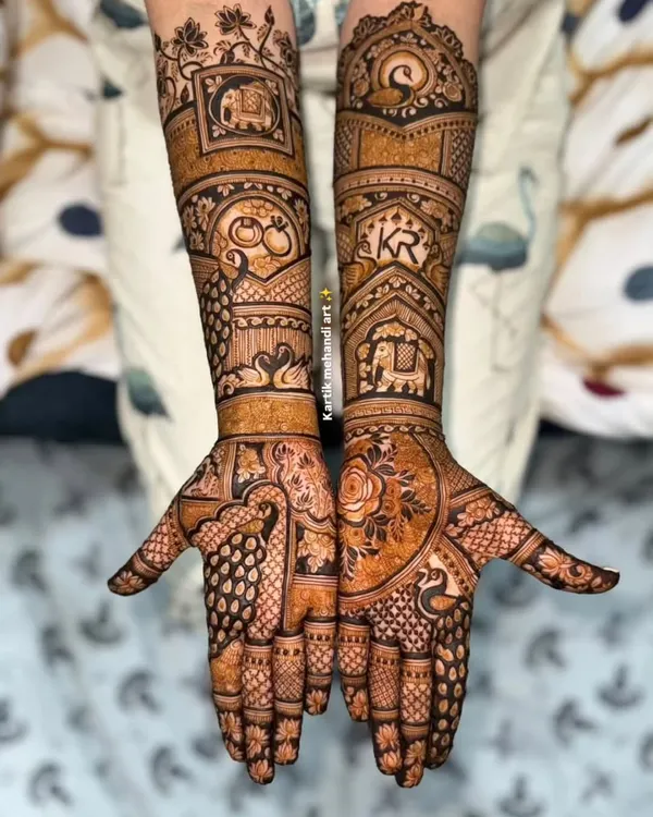 This is what we do best: creating flawless, intricate bridal mehandi that tells a story. Notice the fine details, from the wedding doli procession to the couple's initials, all drawn with a steady hand and our 100% natural henna paste.