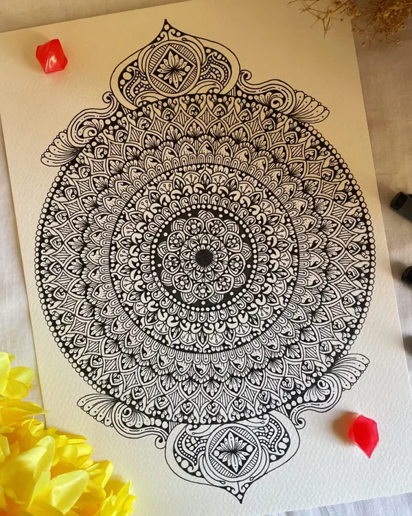 This A4-sized artwork is one of my most intricate black and white designs. The detailed patterns and ornamental flourishes are designed to draw you in, offering a moment of meditative calm. This piece is currently available for purchase.