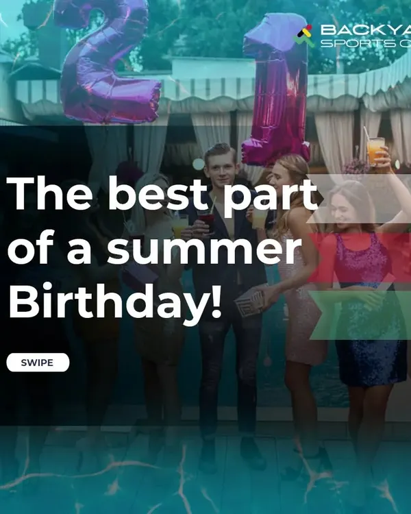 A promotional graphic highlighting our venue as the ideal spot for a summer birthday pool party, complete with festive decorations.