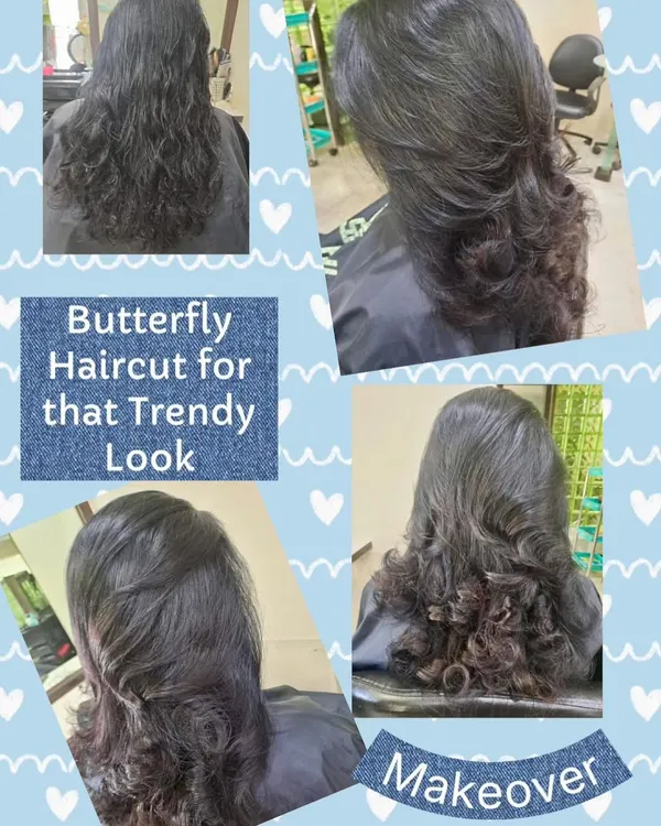 A beautiful butterfly haircut designed to create soft, face-framing layers and voluminous curls at the ends. This trendy style gives the illusion of shorter layers without sacrificing overall length.