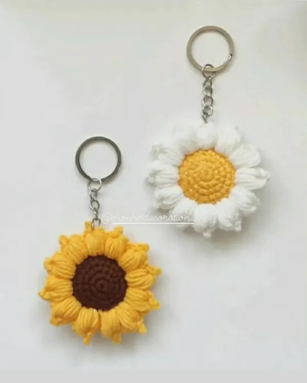 A matching set of our flower keychains, featuring a bright sunflower and a classic daisy. These crochet accessories are lightweight, durable, and a lovely way to carry a piece of handmade art with you.