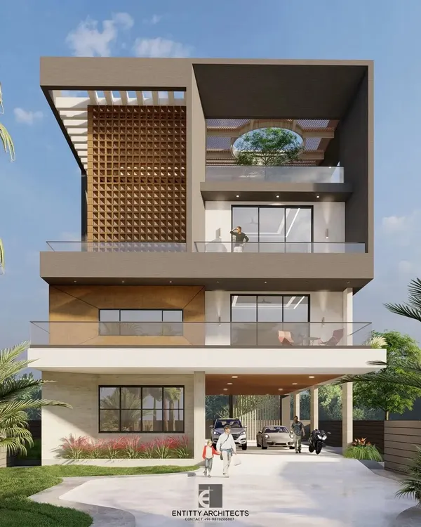 A 3D render of a modern 15,000 sq. ft. bungalow designed for a client in Ulwe. The elevation features clean lines, large glass openings, and a decorative jaali screen, creating a distinctive architectural statement while ensuring privacy and ventilation.